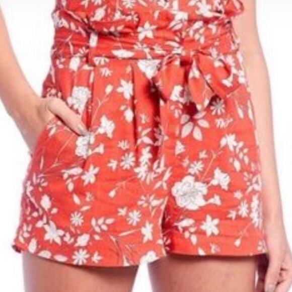 Gianni Bini Shorts Soft Linen Blend Tie Waist Pockets Coral Floral Women’s 12 - Picture 1 of 10